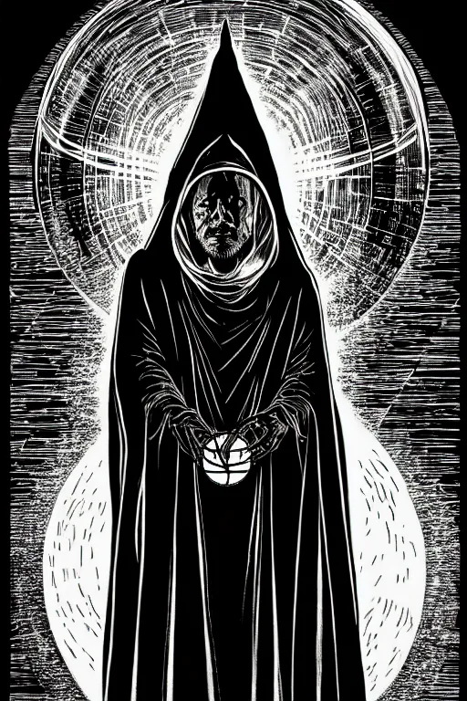 Image similar to wizard in a hooded cloak gazing into a crystal ball, high details, intricately detailed, by vincent di fate, inking, 3 color screen print, masterpiece, trending on artstation,, sharp, details, hyper - detailed, hd, 4 k, 8 k