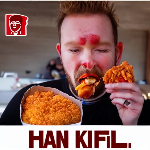 Image similar to a man eating kfc in hell