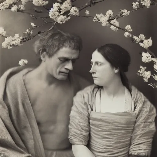 Image similar to homer and marge simpson by julia margaret cameron, realistic, body shot, sharp focus, 8 k high definition, insanely detailed, intricate, elegant, cherry blossoms