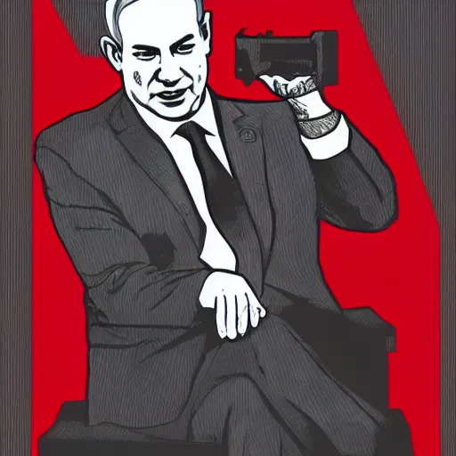 Image similar to portrait of benjamin netanyahu as a godfather, neo noir, dark, foreboding, black white grey red color palette