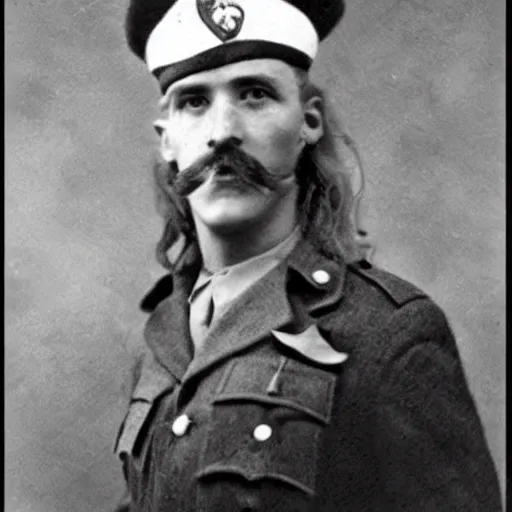 Prompt: a black and white old photo of a soldier with long blonde hair and long blonde moustache