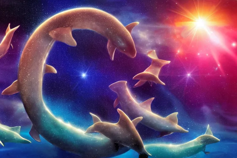 Image similar to a group of cosmic dolphins swimming and jumping out of a ocean of the cosmos, epic composition, 4 k