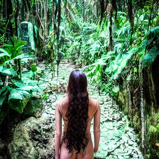 Image similar to beautiful female model, symmetric photo, back view, walking into a cenote in a lush jungle, vintage photograph, long wavy brunette hair, faded, artistic composition, award winning artistic photograph