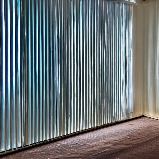 Image similar to an ultra high definition photo of room with a window with corrugated iridescent Perspex panes