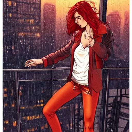 Image similar to a beautiful artwork of a woman with red hair in jeans and a white shirt smoking on the balcony of a hotel at night, top view, cinematic shot, rainy, marvel, dc comics neon and rainy theme atmosphere by Jerome Opeña, featured on artstation