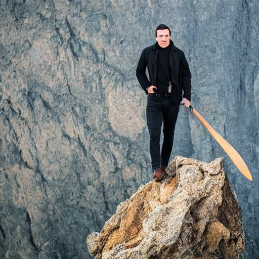 Image similar to A man wearing a black Jacket, white shirt, blue jeans and golden boots sits on a cliff holding an axe, XF IQ4, 150MP, 50mm, f/1.4, ISO 200, 1/160s, natural light, Adobe Photoshop, Adobe Lightroom, DxO Photolab, Corel PaintShop Pro, rule of thirds, symmetrical balance, depth layering, polarizing filter, Sense of Depth, AI enhanced