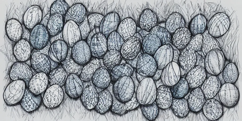 Prompt: an ultra - detailed pen drawing of smurfettes and color eggs.