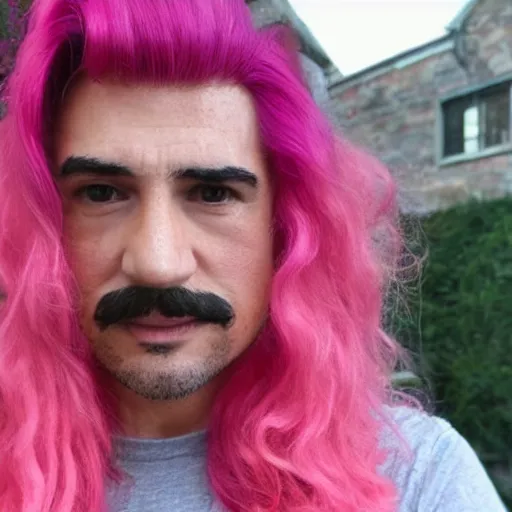 Prompt: photo of Mario with long pink hair