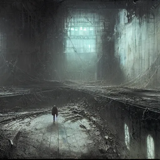 Prompt: lost and alone in an industrial wasteland by gustave dore and gustave moreau and beksinski and giger and craig mullins and jeremy mann