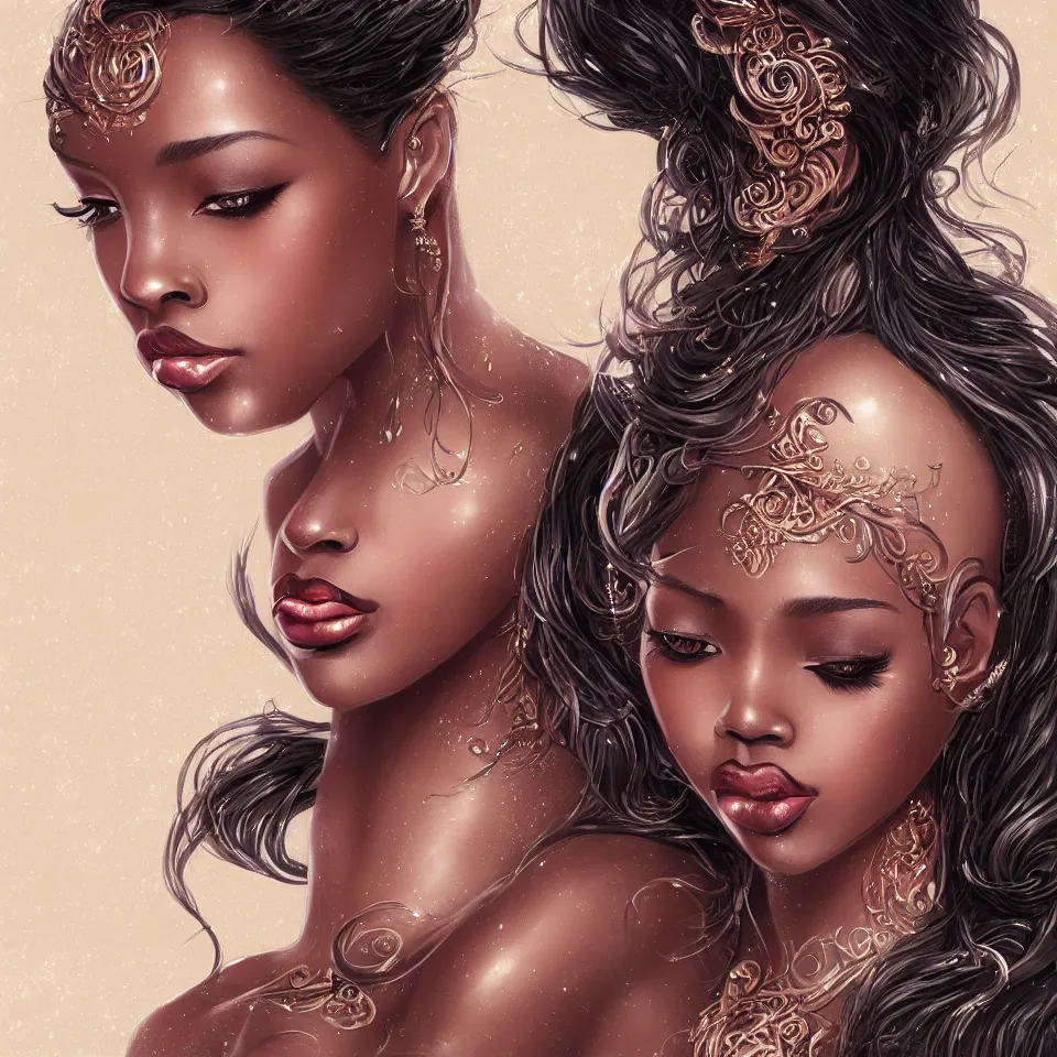 Image similar to A tall black skinned girl with large lips and smooth eyebrows and wavy hair, complimentary eyeliner, light blush and metallic eyeshadow, HD, illustration, epic, fantasy, intricate, elegant, amazing detail, digital painting, artstation, concept art, smooth, sharp focus, illustration, art by Turine Tran