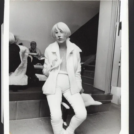 Prompt: Platinum-blonde-haired hime-cut blue-eyed French empress wearing white leggings, black jacket, boots, sitting in public housing apartment, Polaroid photo