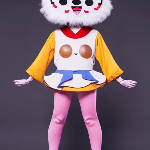 Image similar to 35mm of a very cute, minimal, adorable and creative Japanese mascot character costume, full body view, very magical and dreamy, designed by Gucci,kawaii, magical details