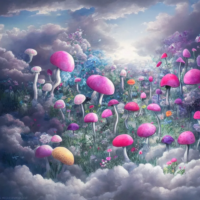 Prompt: a beautiful painting of every cloud has a silver lining, made from flowers and fungi, highly detailed, 8 k resolution, trending on artstation