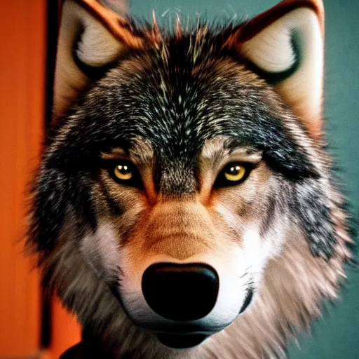 Image similar to a stern anthro wolf in Wes Anderson's movie, movie wallpaper, studio lighting