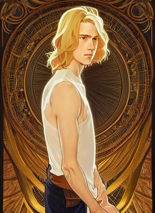 Image similar to pretty young man with shoulder length shiny sparkly golden blond hair, path traced, highly detailed, high quality, digital painting, by studio ghibli and alphonse mucha, leesha hannigan, disney