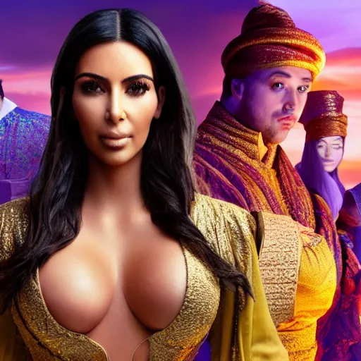 Image similar to kim kardashian in alladin live action, 8k full HD photo, cinematic lighting, anatomically correct, oscar award winning, action filled, correct eye placement,