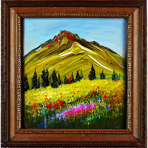 Image similar to thick impasto textured painting of a mountain side hill with wildflowers blooming