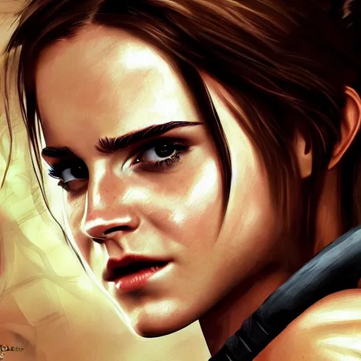 Image similar to Emma Watson as Lara Croft, digital art, highly-detailed, stunning