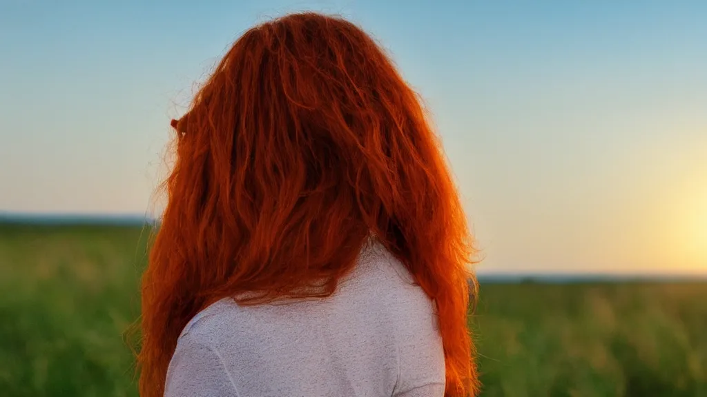 Prompt: tall redhead woman watching the horizon in summer evening heatwave