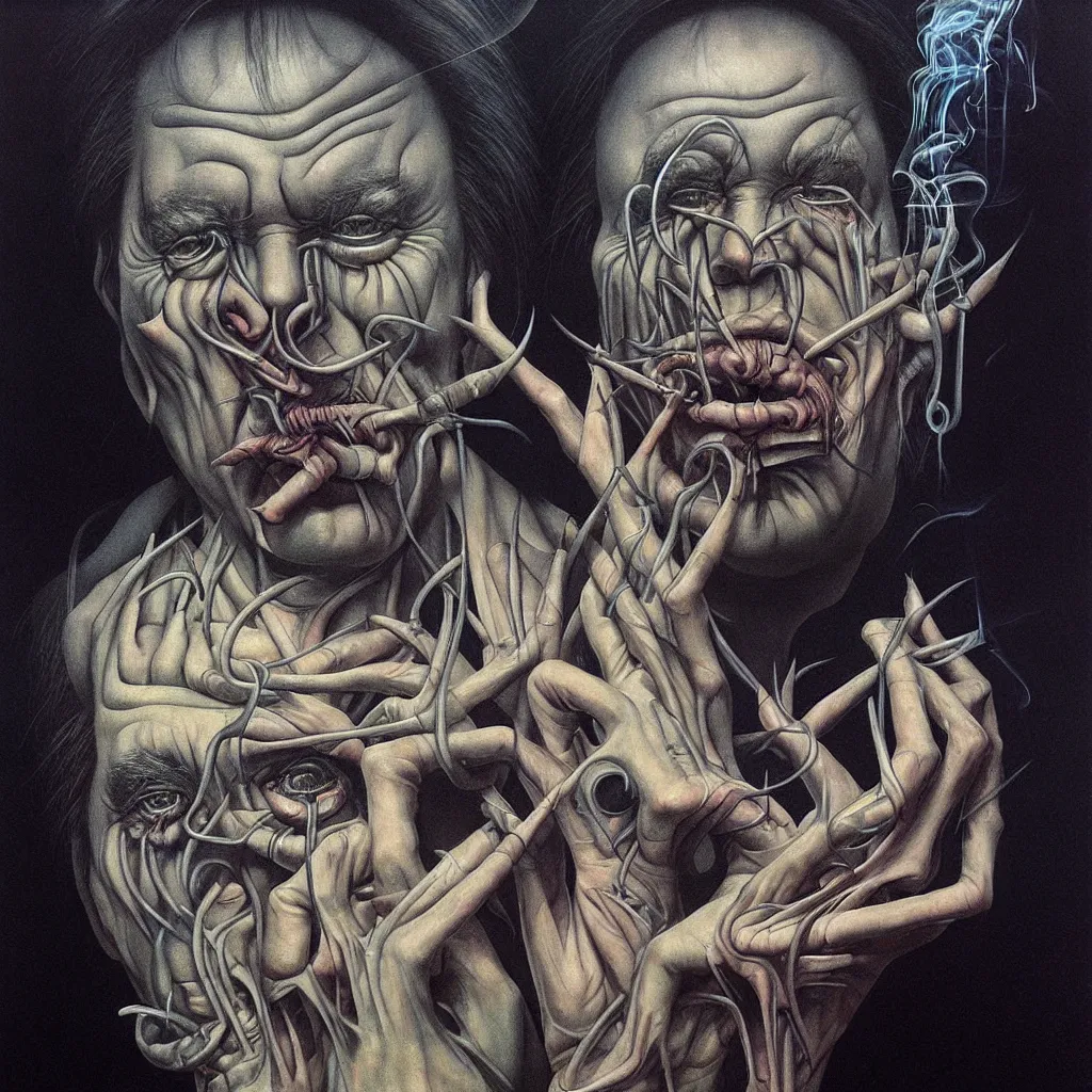 Prompt: portrait of bill hicks smoking in the style of hans giger, alex grey, lynchian atmosphere, film noir, concept art, art by kuvshinov ilya and zdislav beksinski and wayne barlowe