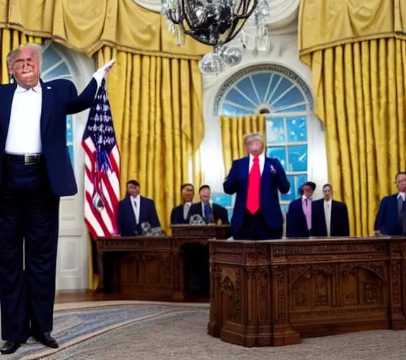 Prompt: Donald Trump showing off his tiny hands at a white house press conference, AP news photo, XF IQ4, 150MP, 50mm, F1.4, ISO 200, 1/160s, natural light