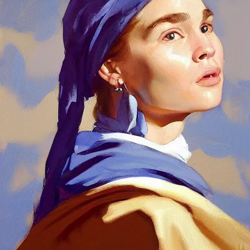 Image similar to greg manchess portrait painting of the boy with the pearl earring with the face of emilia clarke, medium shot, asymmetrical, profile picture, organic painting, sunny day, matte painting, bold shapes, hard edges, street art, trending on artstation, by huang guangjian and gil elvgren and gerald brom