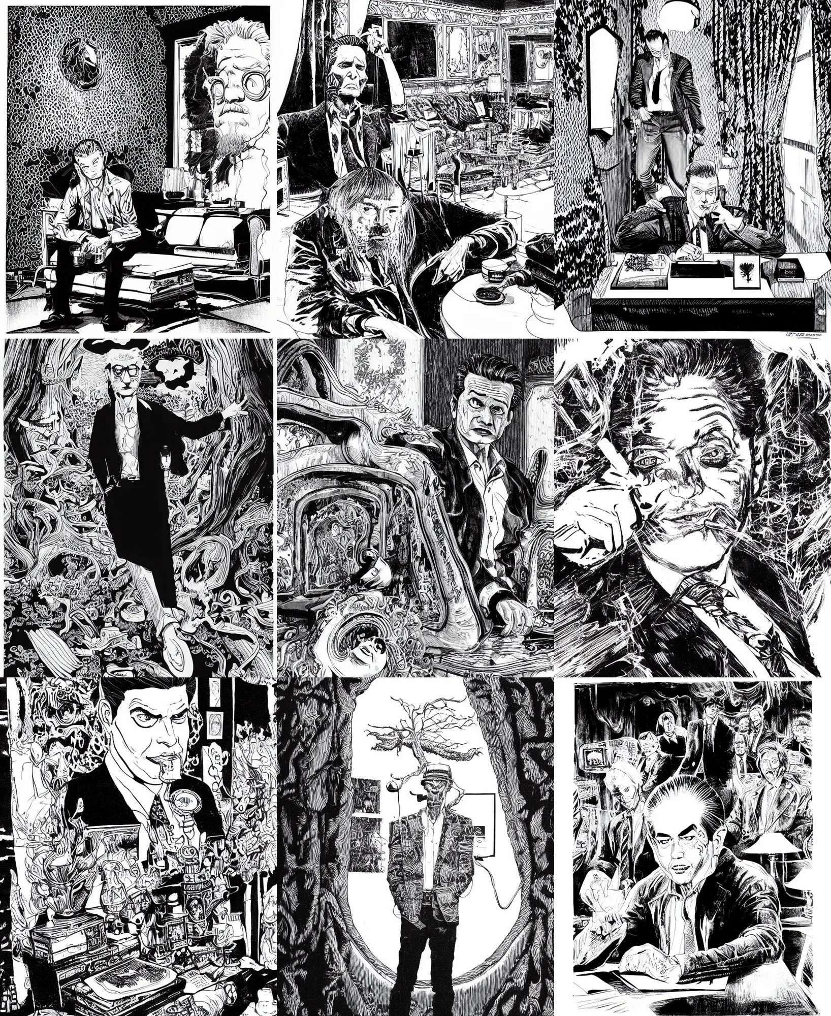 Prompt: highly detailed ink illustration of mike in the red room in the show twin peaks, b & w clean shaped illustration by kim jung gi, ron english and eiichiro oda