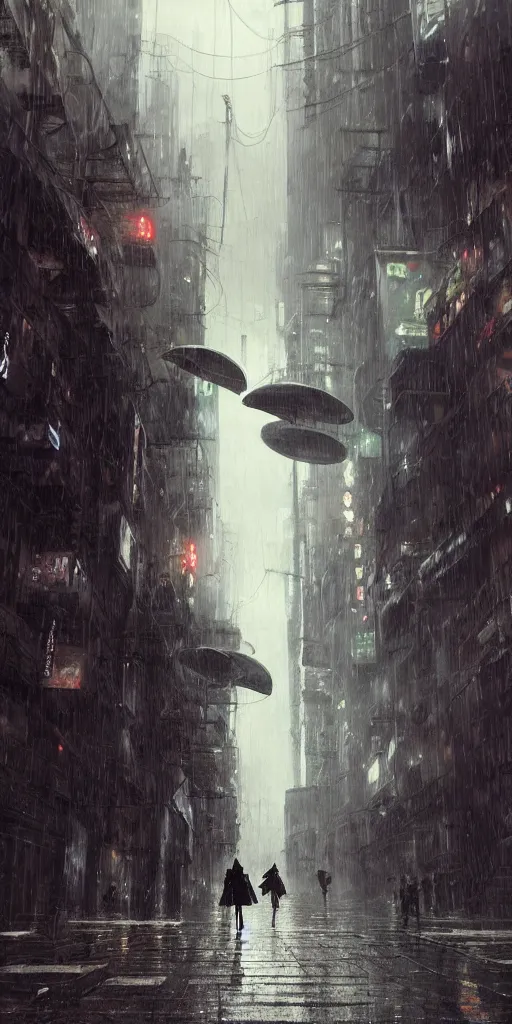 Image similar to a concept art landscape of a woman in the foreground, back to camera, standing in a claustrophobic neotokyo city, standing in the rain with an umbrella, wet, emphasis on tall buildings, dirty, low angle, neotokyo, japanese by greg rutkowski, highly detailed background, intricate