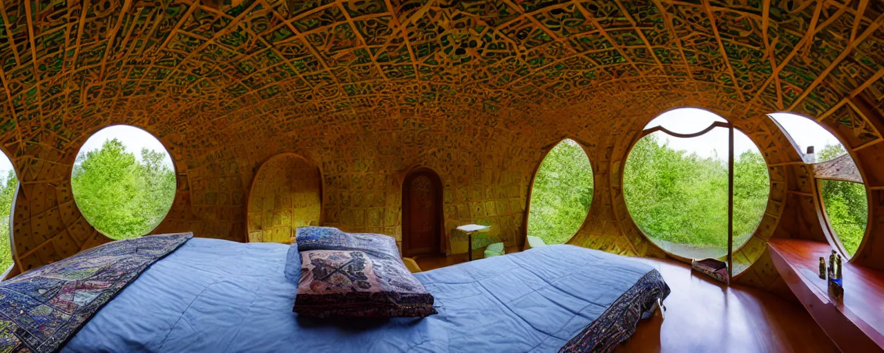 Image similar to spectacular green dome house by buckminster fuller and kristoffer tejlgaard, earthship, optimus sun orientation, north hemisphere,