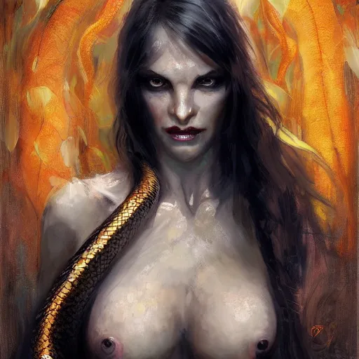 Image similar to snake woman hybrid, long, black scales, bright amber eyes, chest coverd, scales on her chest, smileing happy, cinematographic shot, by daniel f. gerhartz