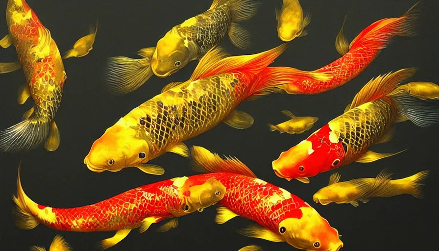 Image similar to golden glowing koi! fish swims in magical water with caustics and volumetric lighting, photorealistic painting