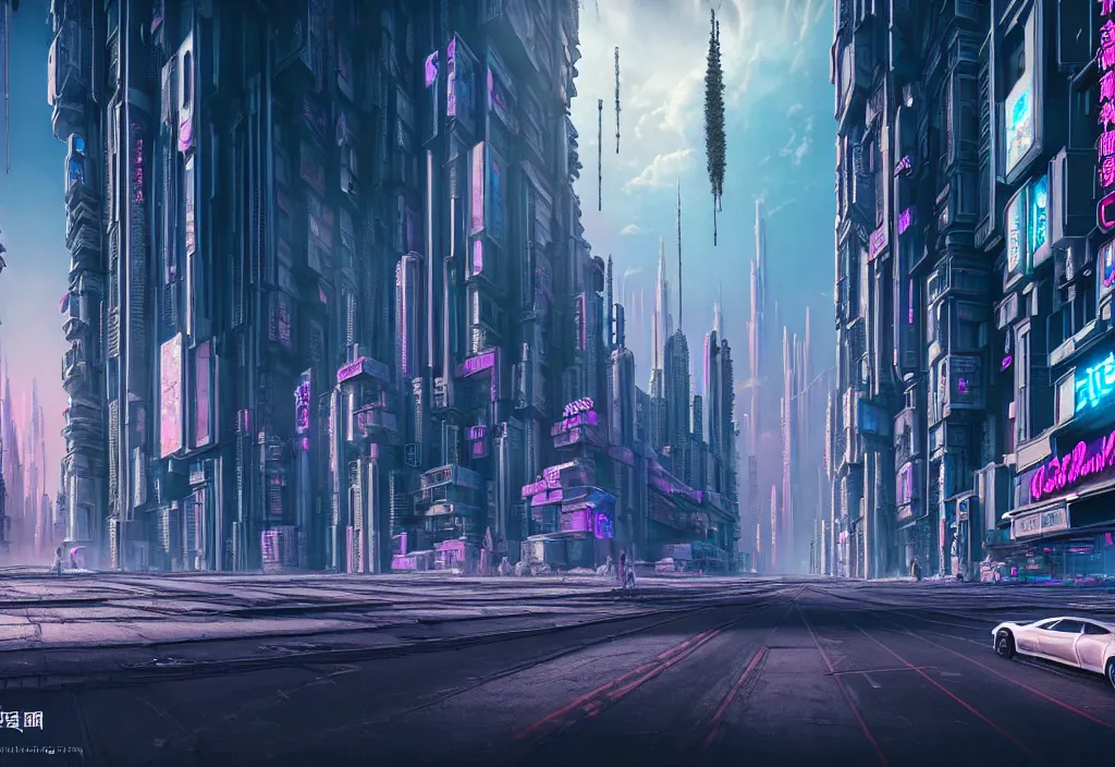 Image similar to stree view of a highly detailed crisp unreal engine render of a beautiful futuristic cyberpunk utopia city full of life where everything is white , building with neon like plants, stunning clowds on the sky, sunlight breaking through clouds, no signature, fliperama machines, earth in 3300, sci-fi, imagine, superb, colony, everything is perfect by wangchen-cg, 王琛,Neil blevins, artstation, Gediminas Pranckevicius
