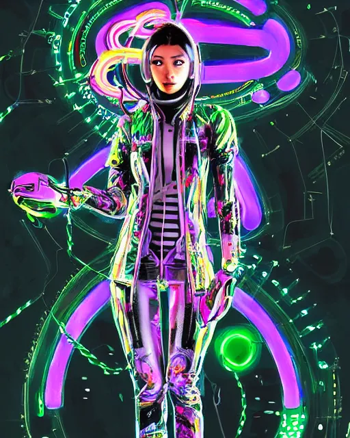 Image similar to detailed portrait Neon Operator Girl, cyberpunk futuristic neon, reflective catsuit, decorated with traditional Japanese ornaments by Ismail inceoglu dragan bibin hans thoma !dream detailed portrait Neon Operator Girl, cyberpunk futuristic neon, reflective puffy coat, decorated with traditional Japanese ornaments by Ismail inceoglu dragan bibin hans thoma greg rutkowski Alexandros Pyromallis Nekro Rene Maritte Illustrated, Perfect face, fine details, realistic shaded, fine-face, pretty face