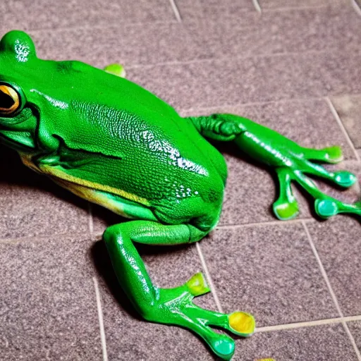 Image similar to photo of dead green frog on a floor of a shopping mall, people shocked, high details