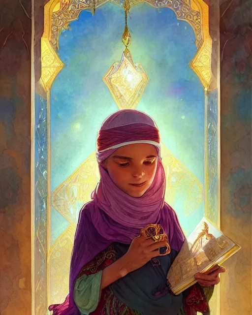 Image similar to a bedouin child infront of an big open quran highly detailed, gold filigree, romantic storybook fantasy, soft cinematic lighting, award, disney concept art watercolor illustration by mandy jurgens and alphonse mucha and alena aenami, pastel color palette, featured on artstation