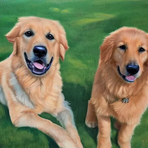 Prompt: a painting of a cute golden retriever with a german shepherd