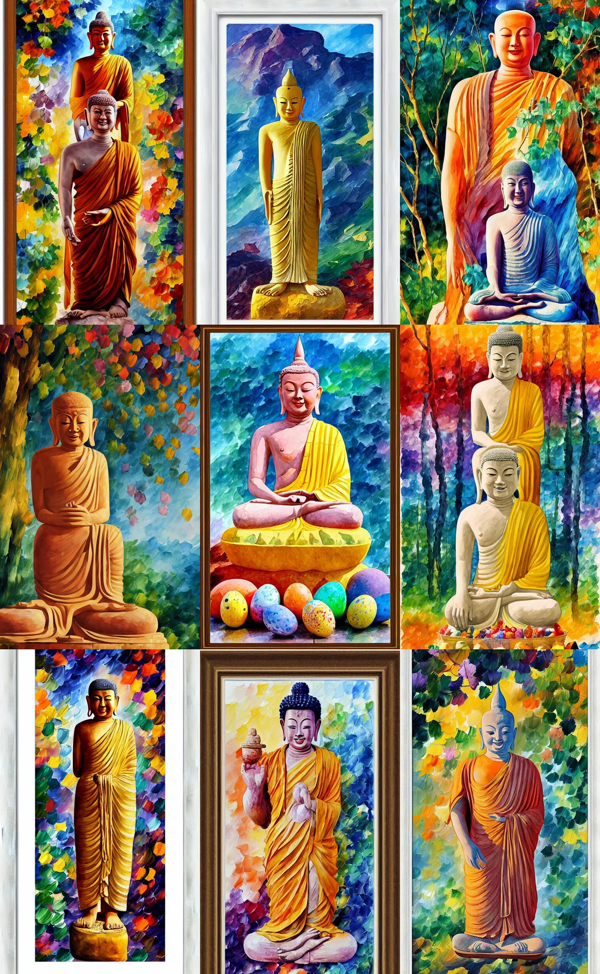 Prompt: watercolour painting of a standing smiling thai budha stone statue, long tunic, barefoot, holding in the hands easter eggs, by wes anderson by leonid afremov by ivan bilibin, muted colors, fully framed subject