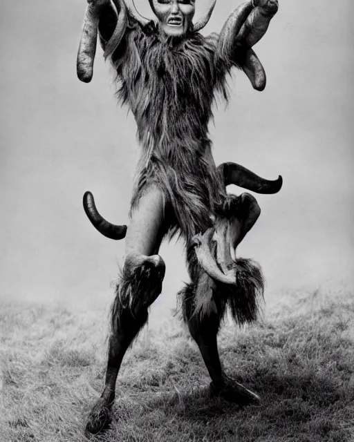 Image similar to actor Roddy McDowell in Elaborate Pan Satyr Goat Man Makeup and prosthetics designed by Rick Baker, Hyperreal, He has goat man legs, cloven feet and horns, He is holding a Pan Flute, he is wearing cargo pants