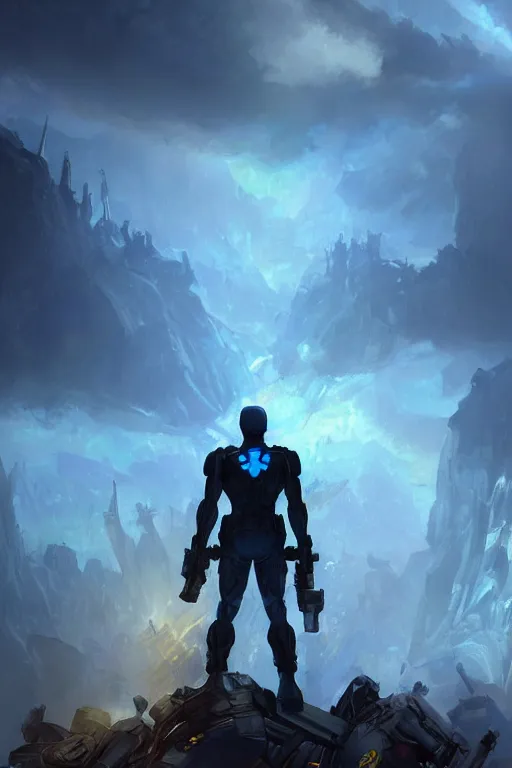 Image similar to a distant shot of a single super soldier with blue and yellow flag and standing alone on a huge pile of human skulls as a winner, masculine figure, D&D, fantasy, bright hopeful atmosphere, volumetric lights, beam of bright light through the clouds, intricate, elegant, highly detailed, extremely detailed, digital painting, artstation, concept art, matte, smooth, sharp focus, hyper realistic, illustration, art by Artgerm and Greg Rutkowski and Alphonse Mucha