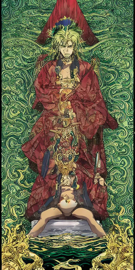 Image similar to a lone emperor sitting on a emerald throne floating on water in the middle of a lake drawn by Makoto Yukimura in the style of Vinland saga anime, full color, detailed, psychedelic, Authority, structure, a father figure, tarot card, The emperor tarot card