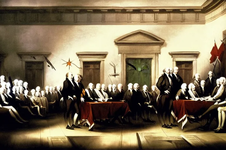 Prompt: john trumbull's famous painting of vampires at the signing of the declaration of independence. the vampires are taller and wear black capes and no wigs. on the wall there is a flag from transylvania