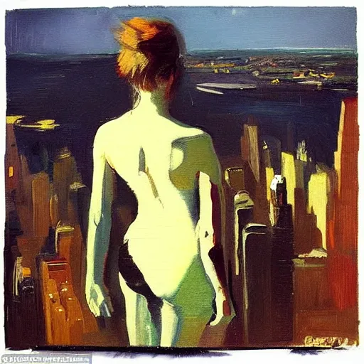 Image similar to “ a girl looking down at a futuristic new york city below, punk, detailed face, oil painting, by george bellows ”