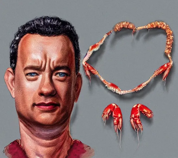 Prompt: Tom hanks as forrest gump wearing a necklace made out of shrimps around the neck, realistic face, digital art, in the style of Daniel Conway, amazing detail, artstation, long shot