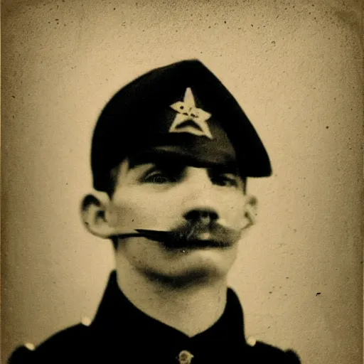 Prompt: A photograph portrait of Jerma985 with a pyramidal mustache as a soldier in the military in the mid-late 1800s, taken in the mid-late 1800s, 1860s, grainy, taken on a Field View Camera, realistic, hyperrealistic, very realistic, highly detailed, very detailed, extremely detailed, detailed, digital art, trending on artstation