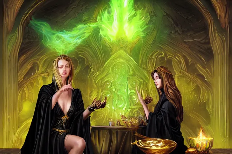 Prompt: a beautiful sorceress wearing a black robe with gold embroidery, sitting at table, casting a spell, green glows, painted by artgerm and boris vallejo, in the style of magic the gathering, highly detailed digital art