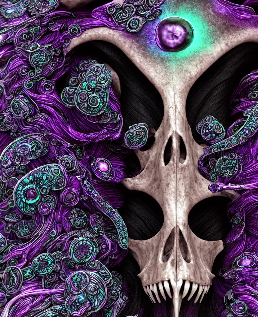 Image similar to goddess princess face close-up portrait ram skull. sculpture made of black and dichroic. jellyfish phoenix head, nautilus, orchid, skull, betta fish, bioluminiscent creatures, intricate artwork by Tooth Wu and wlop and beeple. octane render, trending on artstation, greg rutkowski very coherent symmetrical artwork. cinematic, hyper realism, high detail, octane render, 8k