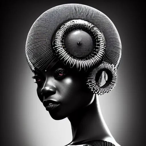 Prompt: portrait of an absurdly beautiful, graceful, sophisticated, fashionable black cyberpunk mechanoid gravure idol, ultrafine hyperdetailed illustration by irakli nadar, matt wisniewski style, marvel comics, intricate linework, ebony skin, neon jellyfish headdress, ivory carved ruff, unreal engine 5 highly rendered, global illumination, radiant light, detailed and intricate environment