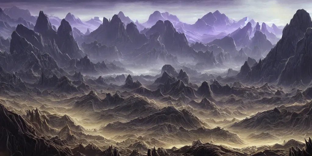 Image similar to The eldritch landscape with mountains in the background and great river down the middle, Sci-Fi fantasy desktop wallpaper, painted, 4k, high detail, sharp focus