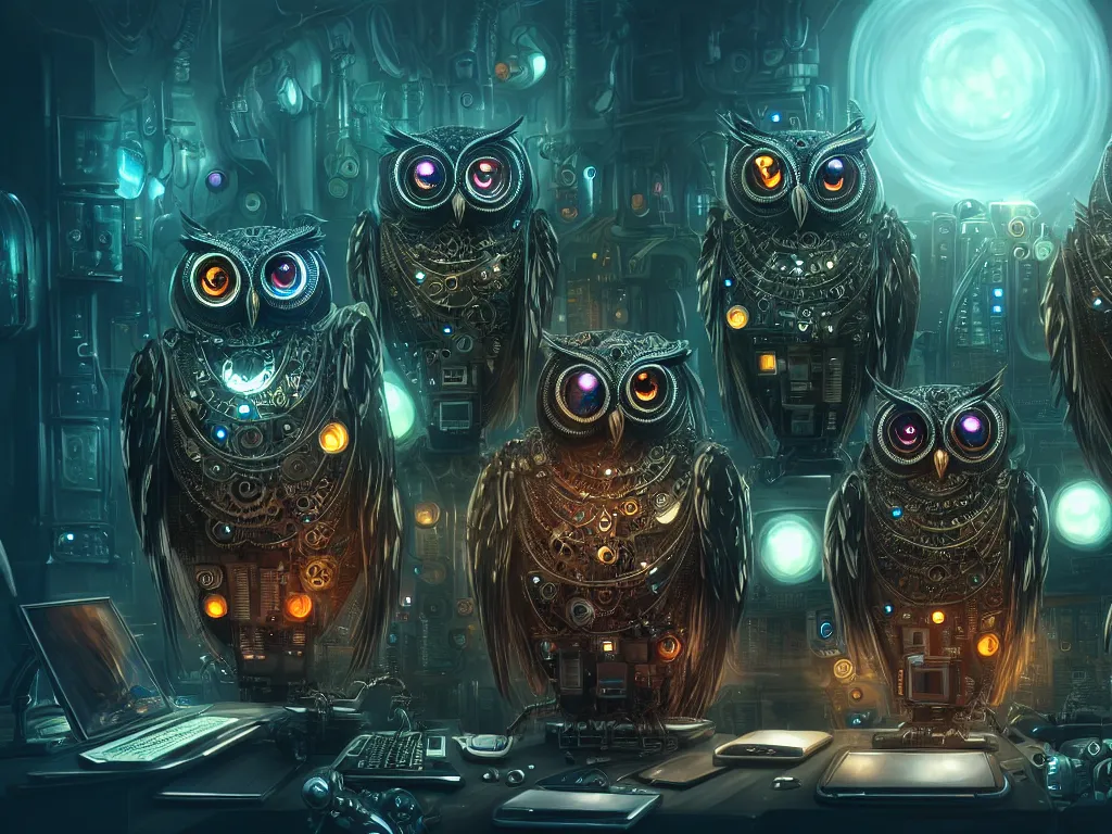 Image similar to an giant evil, malevolent, cyborg owls looking at a computer, surrounded by computer screens. steampunk, intricate, elegant, fantasy, highly detailed, digital painting, concept art, sharp focus, illustration, beautiful lighting, epic light, artstation, colorful, dramatic