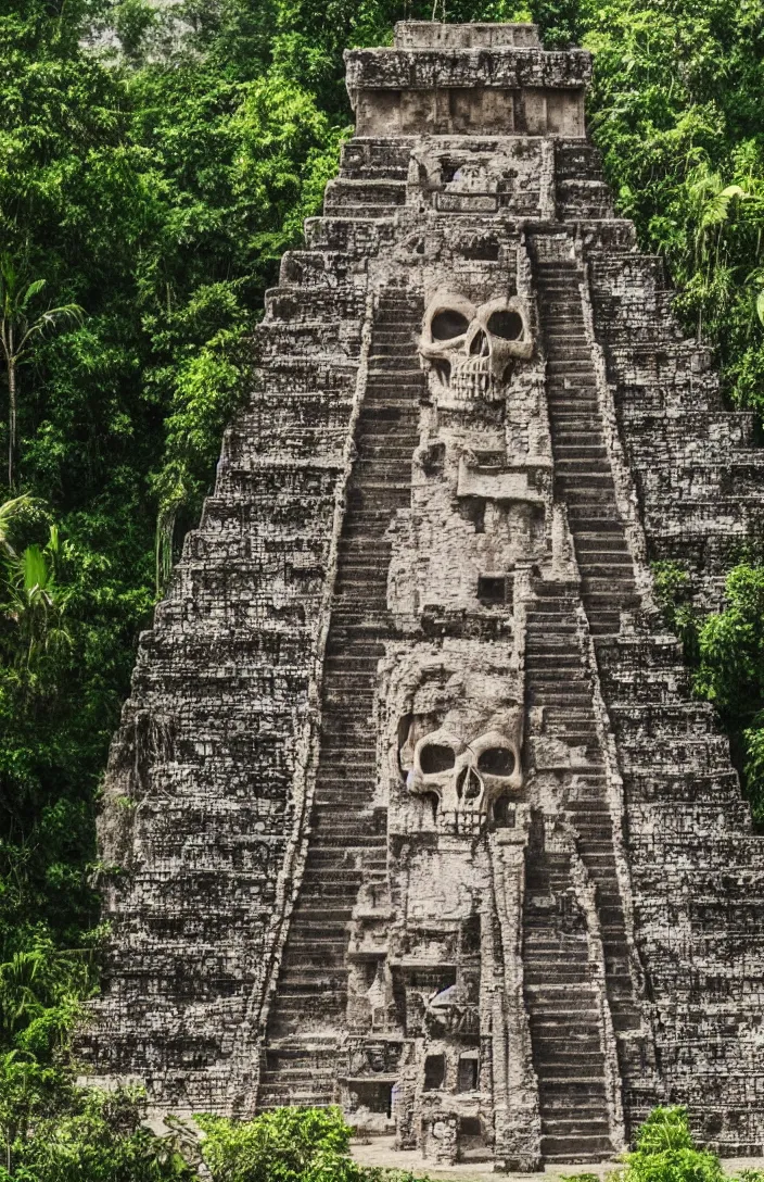 Image similar to mayan temple in form of punisher skull. background jungle